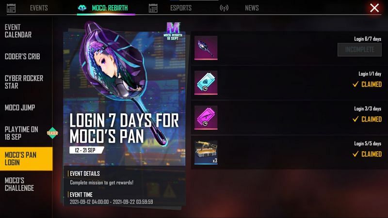 Once you have logged in for 7 of days, you will find a claim button beside the pan (Image via Free Fire)